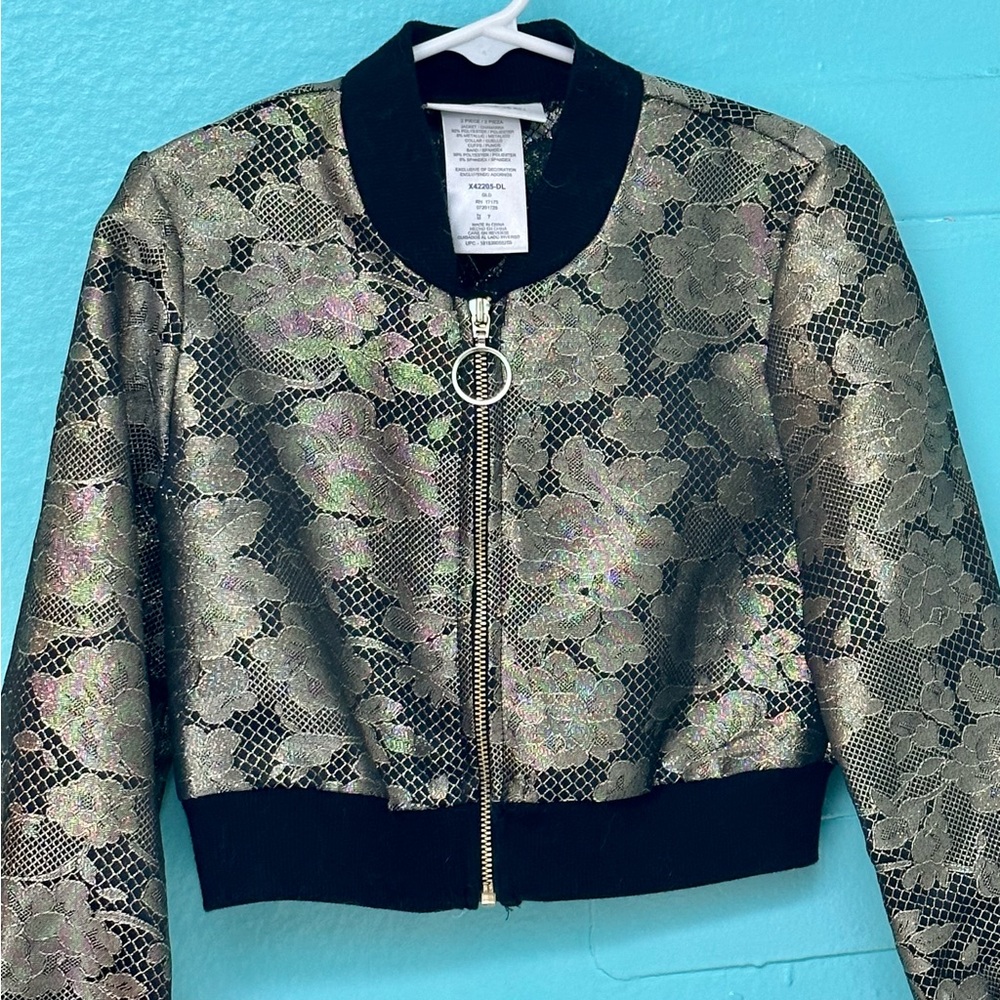 Girl's Bonnie Jean Gold & Black Lace Overlay Moto Jacket - Size 7